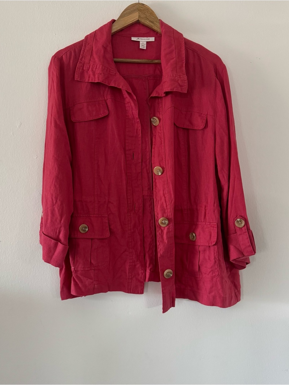 JM Collection Sz 16 100% Linen Utility Jacket Buttons Coastal Beach Vacation